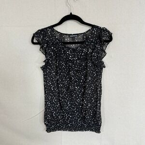 Express Womens Polka Dot Ruffle Flutter Sleeve Smocked Hem Blouse Black Small
